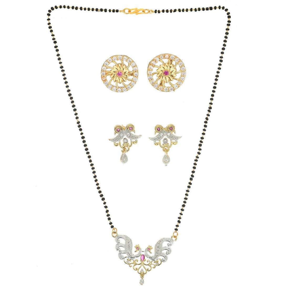 AanyaCentric Gold-Polished Mangalsutra with Pendant, 2 Pair Earrings