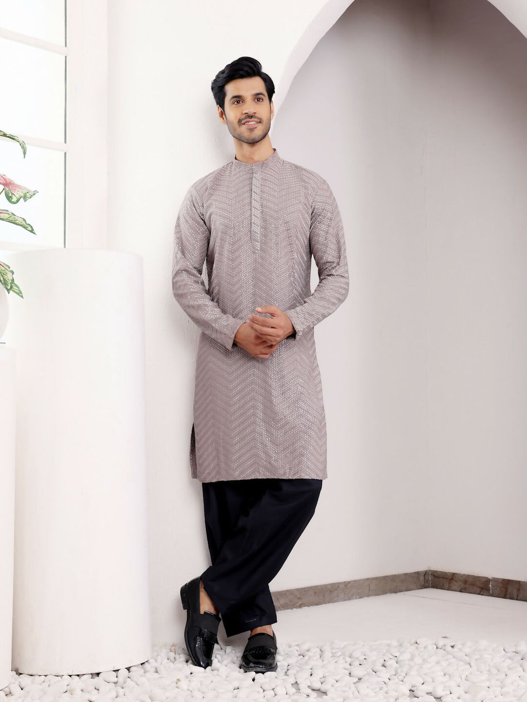 Grey Viscose Designer Chikankari Embroidery Work Men's Kurta - Mahotsav