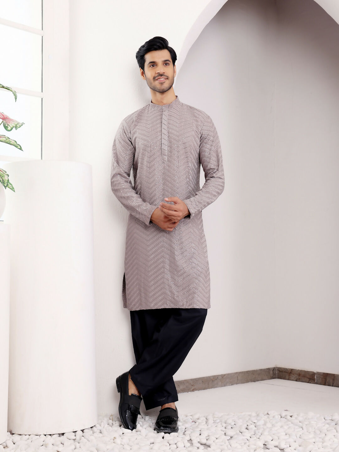 Grey Viscose Designer Chikankari Embroidery Work Men's Kurta - Mahotsav
