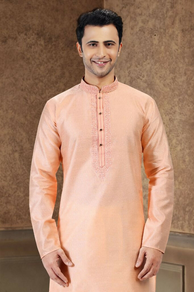 Raivat Ethnic Jacquard Banarasi Silk Thread Work Kurta Pajama In Peach Colour - Distacart