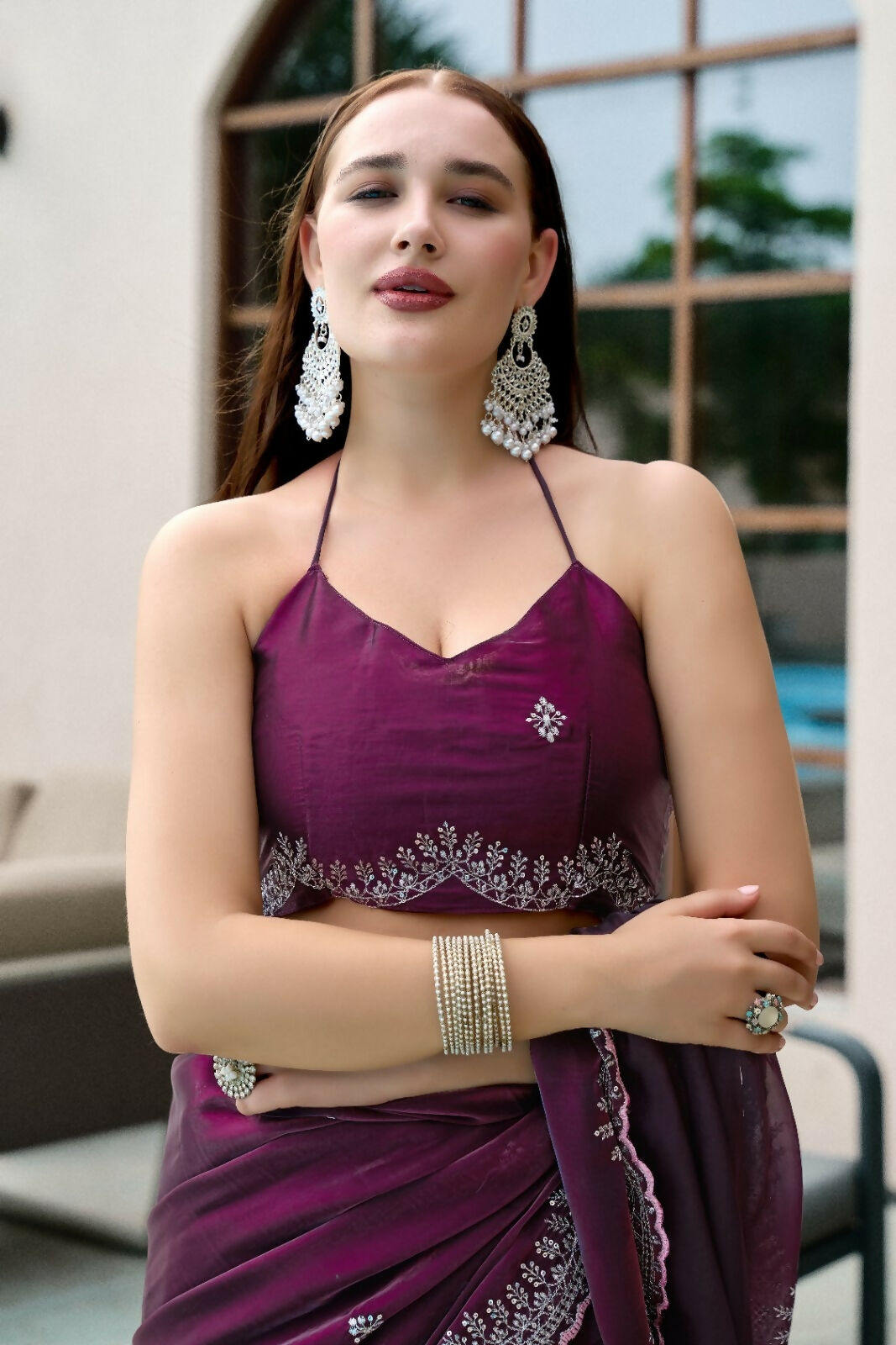 Vastranavya Wine Embroidery Work Shimmer Chiffon Saree with Unstitched Blouse - Distacart