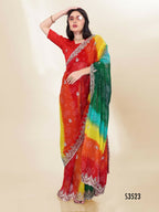 Green Georgette Bandhani Printed,Embroidery Work Saree - Bandhan
