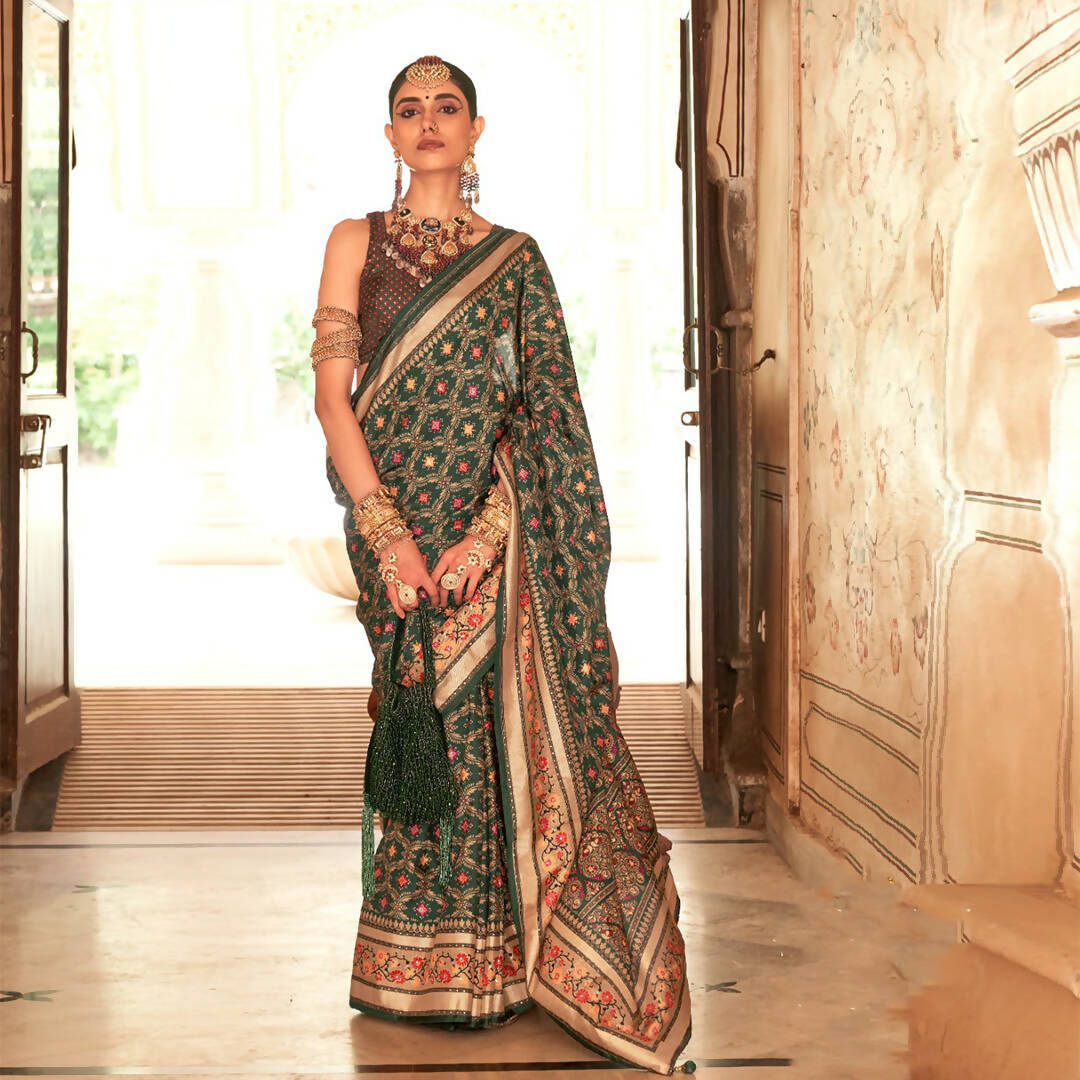 Green Silk With Banarasi Print Work Saree - Trirath Yamuna