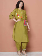 Women Republic Green Art Silk Embroidered Kurta with Afghani Salwar - Distacart