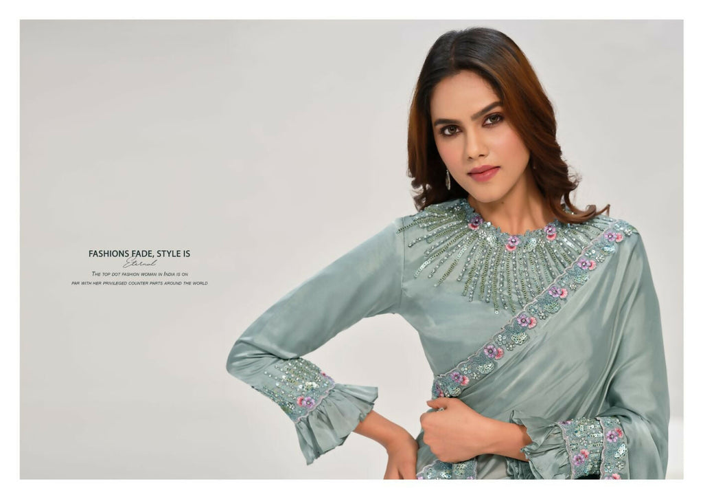 Sea Green Crepe Satin Silk Handwork Saree with Unstitched Blouse - Norita Saanjh