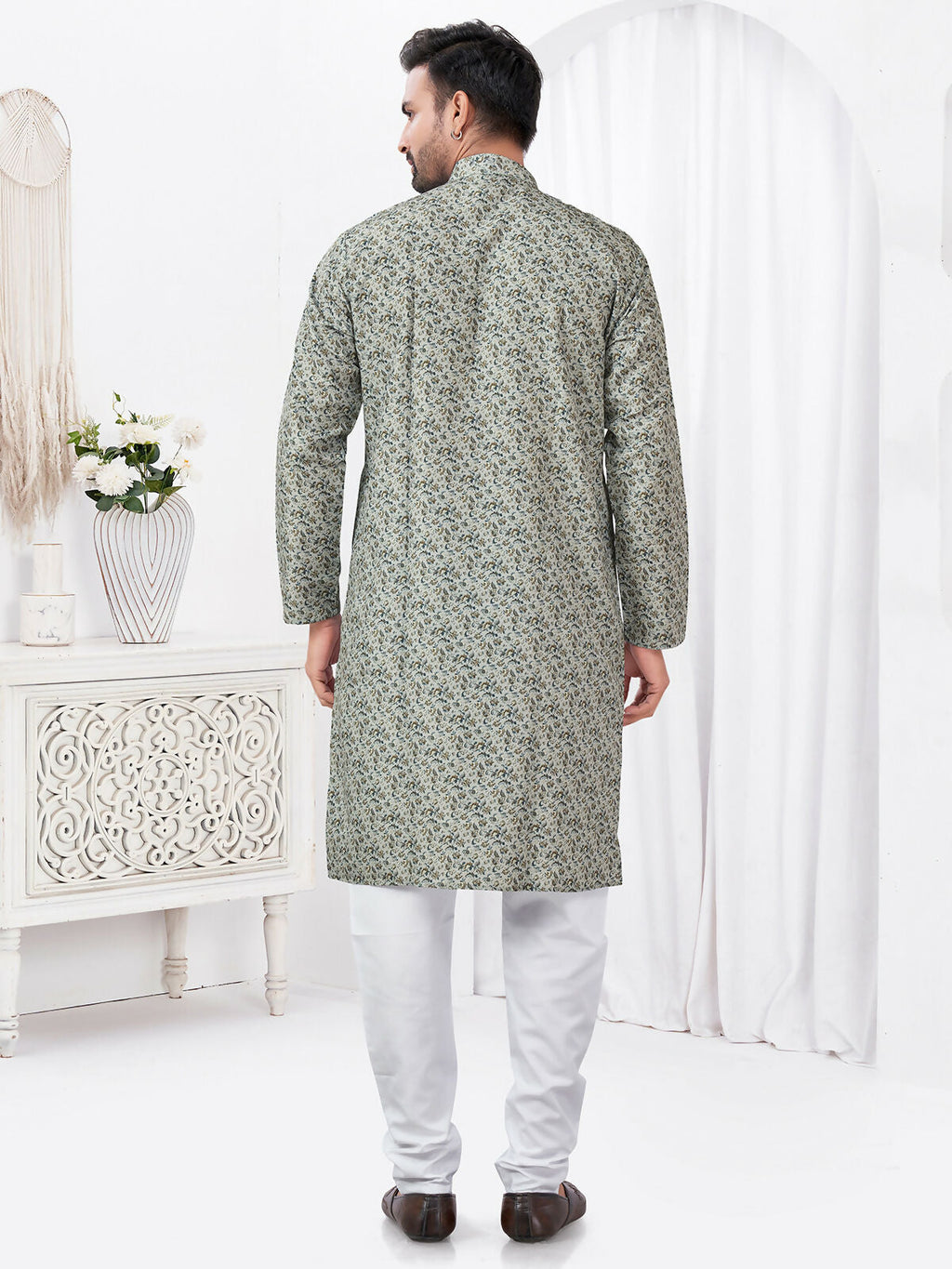 Joban Fashion Men's Rayon Cotton Cream Printed Kurta Pyjama set