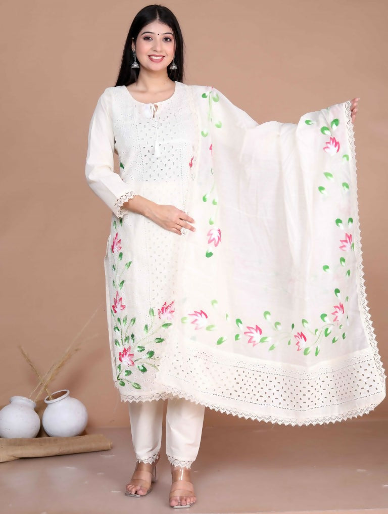 Miravan Women's Cream Hand Block Cotton Pakistani Kurta Palazzo With Dupatta Set
