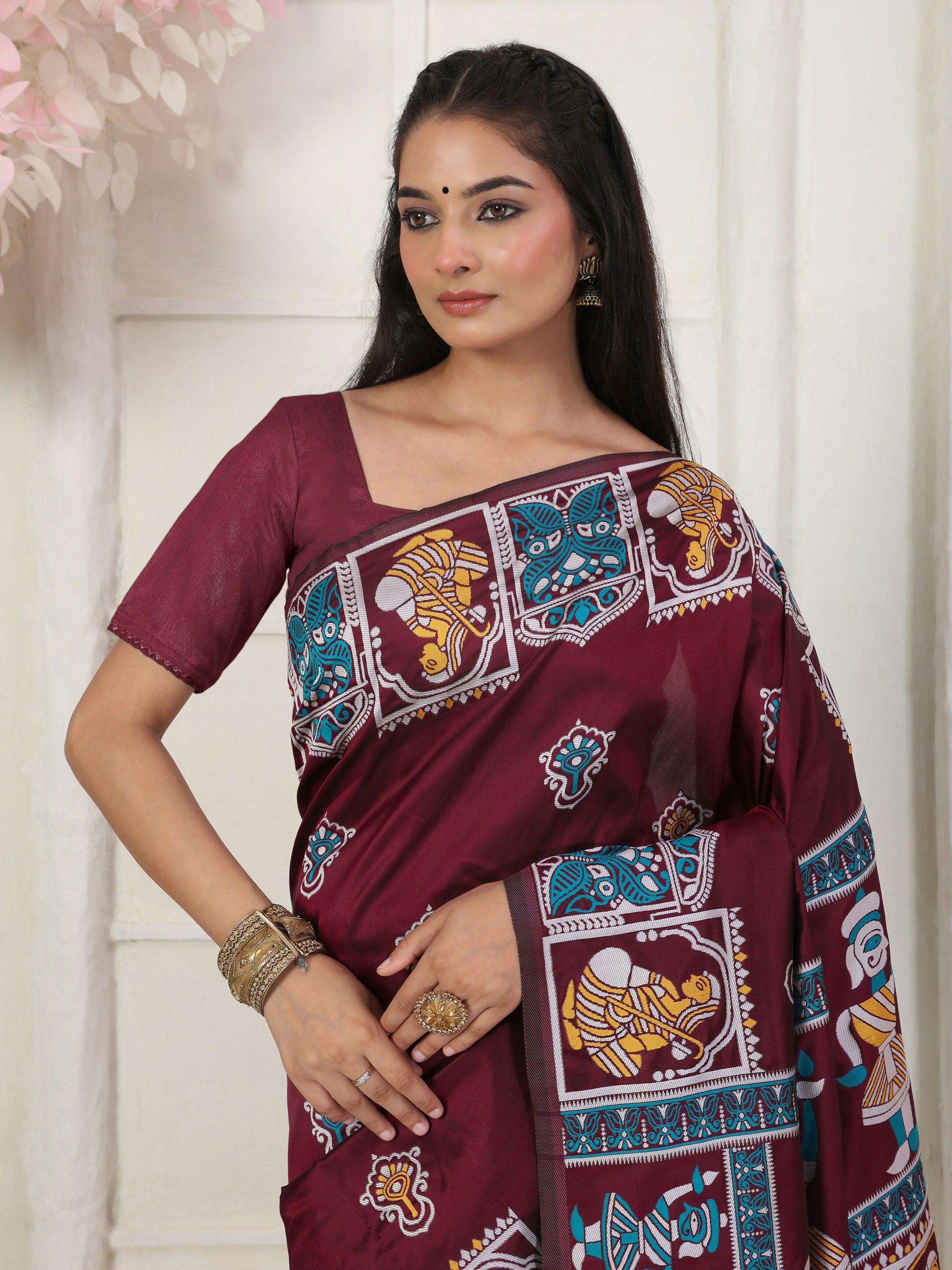 Shree Shyam Fashion Silk Blend Wine Saree - Distacart
