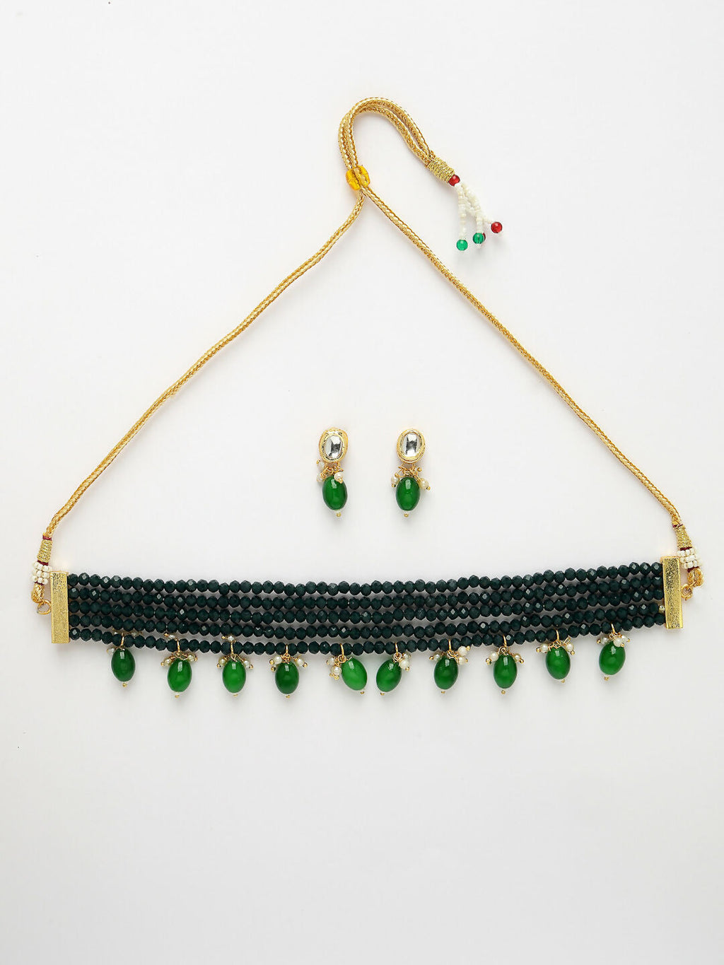 NVR Women's Green Artificial Beads Layered Necklace with Drop Earring