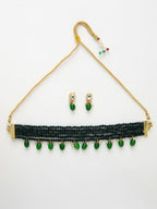 NVR Women's Green Artificial Beads Layered Necklace with Drop Earring