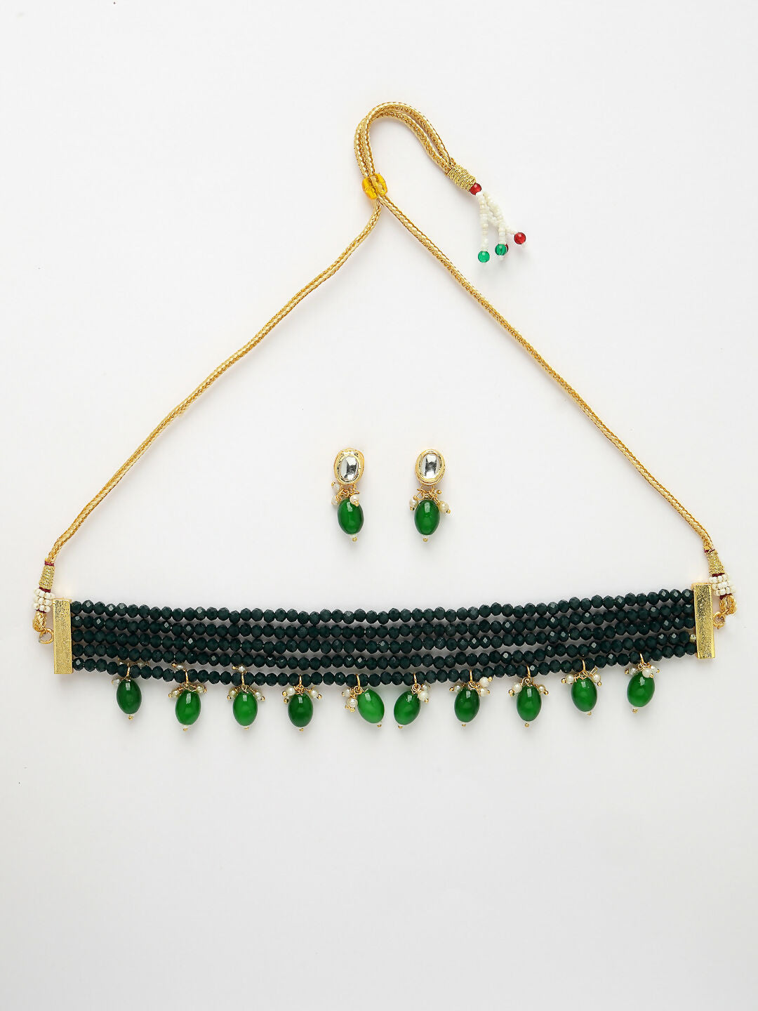 NVR Women's Green Artificial Beads Layered Necklace with Drop Earring