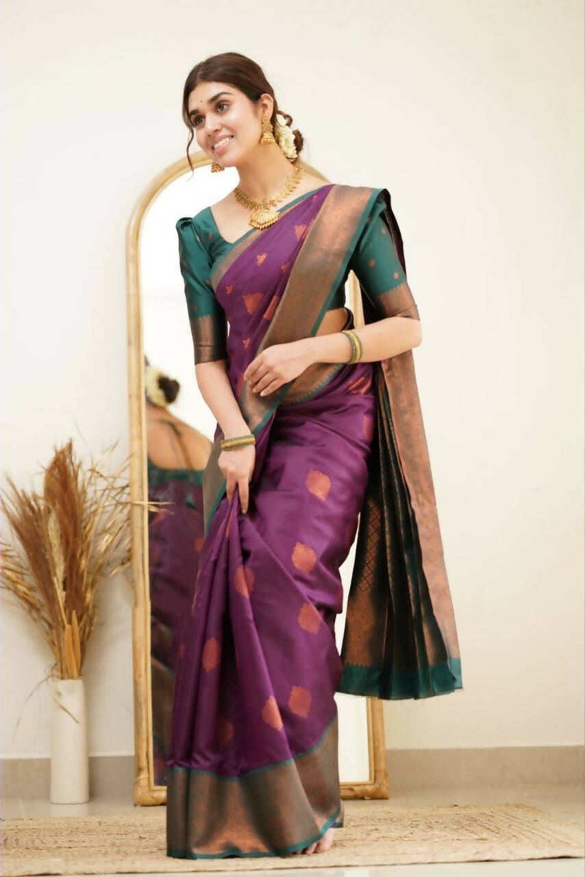 DEIANA'S Beautiful Designer Golden zari Soft Lichi Silk Saree - Purple