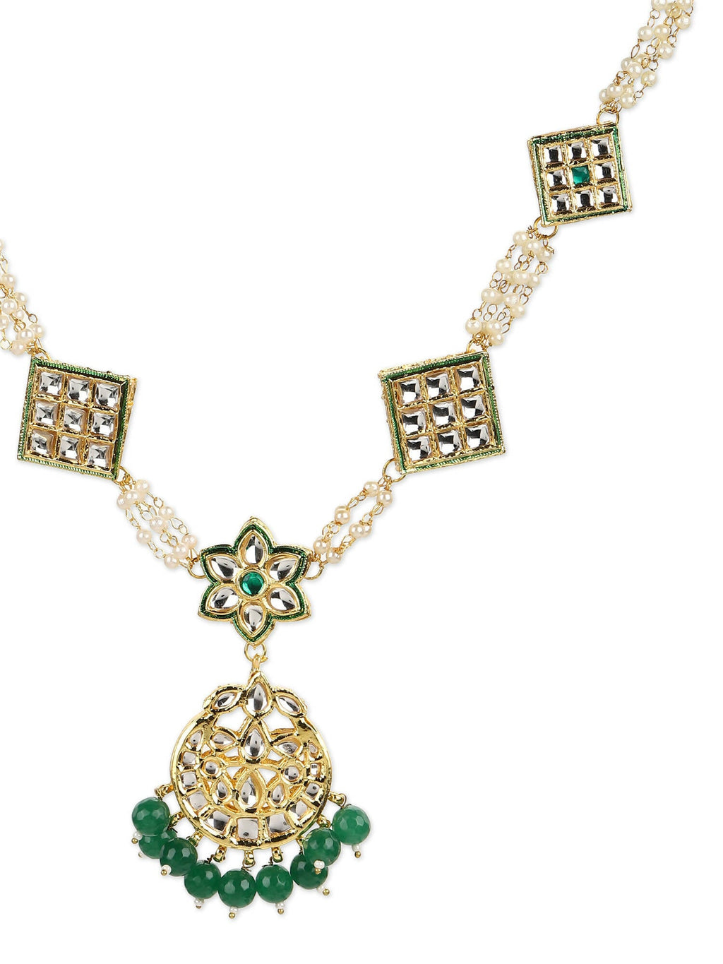 Gold-Plated White Green Kundan-Studded Pearl Beaded Matha Patti - Ruby Raang - Distacart