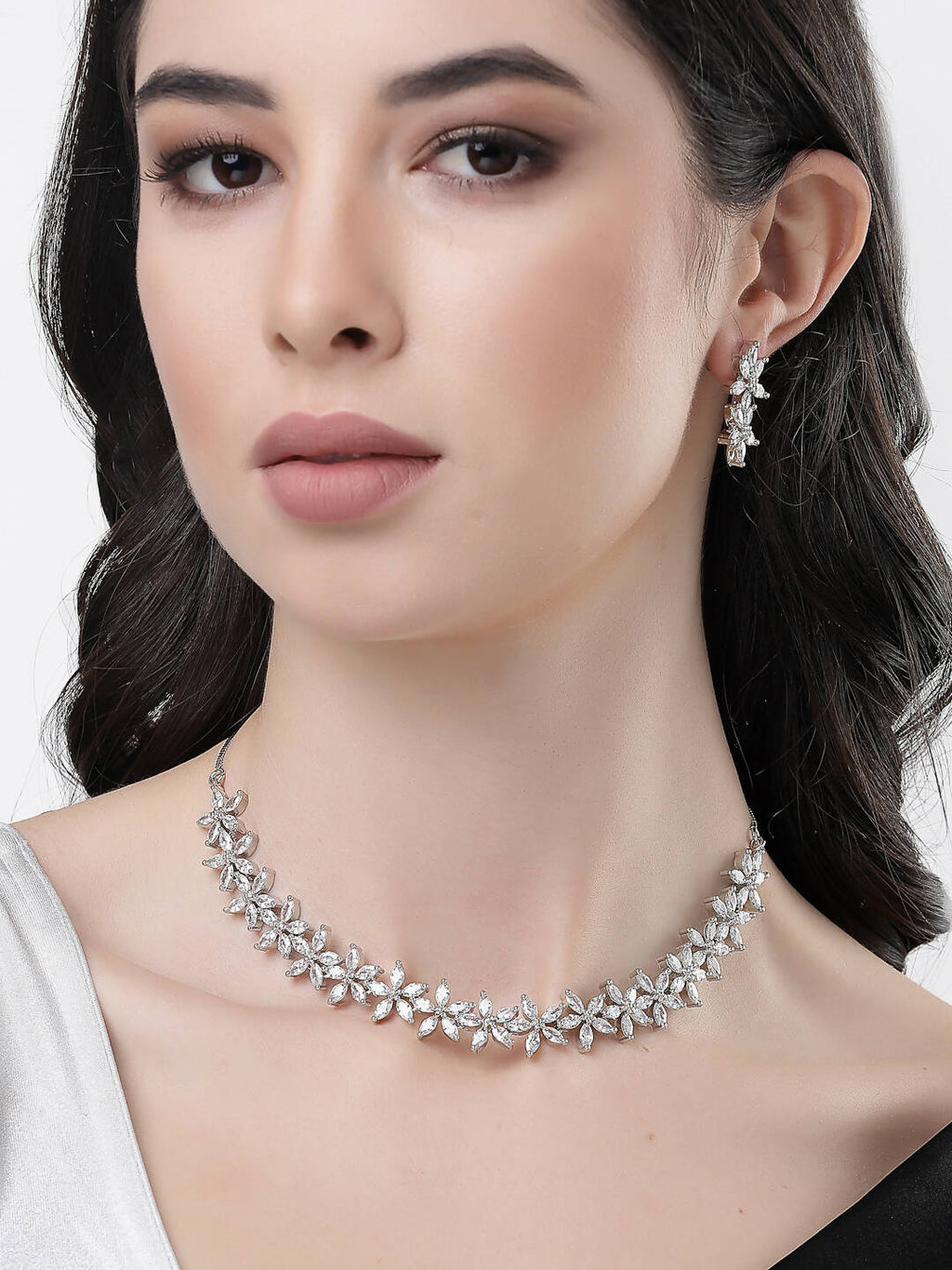 NVR Women Silver Plated Cz Stone Handcrafted Jewellery Set