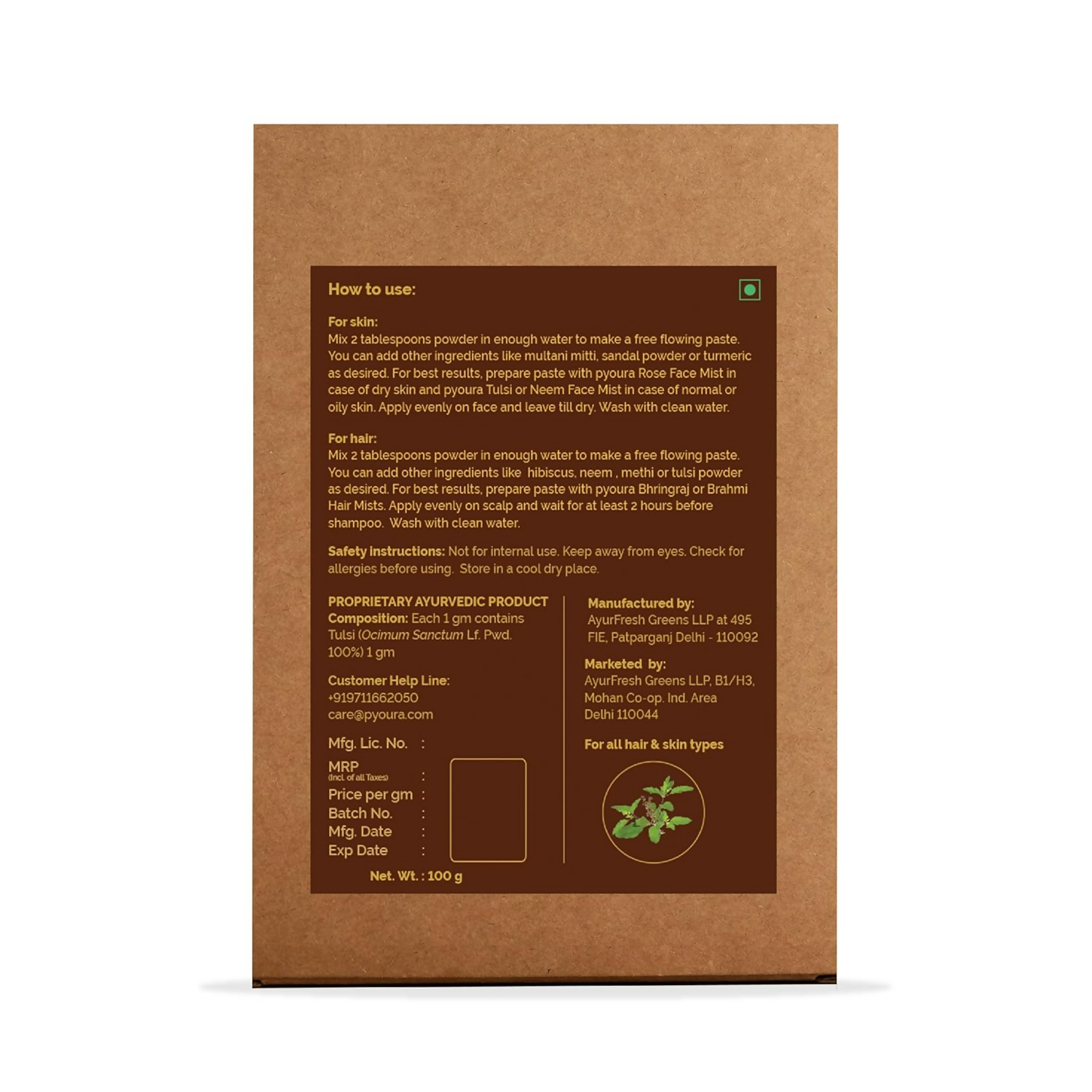 Pyoura Pure Tulsi Powder 100% Natural Hygienically Dried Face Pack For Youthful Clear Skin