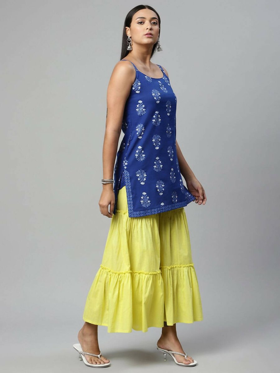 Ahalyaa Womens Royal Blue Pure Cotton Printed Tunic Sharara Set - Distacart