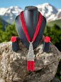 Inhanns Day-To-Dinner Tie Shaped Oxidized Black Metal Multi-Layered Long Necklace Set - Red