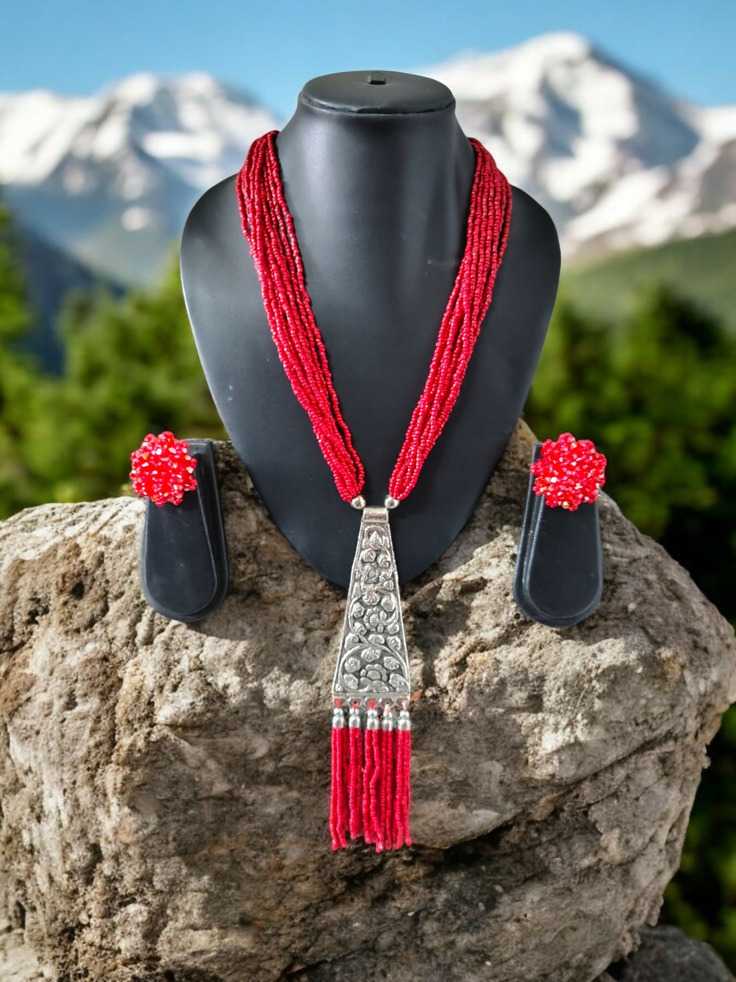 Inhanns Day-To-Dinner Tie Shaped Oxidized Black Metal Multi-Layered Long Necklace Set - Red