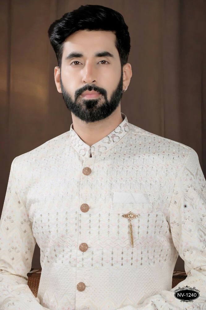 Joban Fashion Men's Base Cream(Pink Touchup) Silk Kurta with Pyjama
