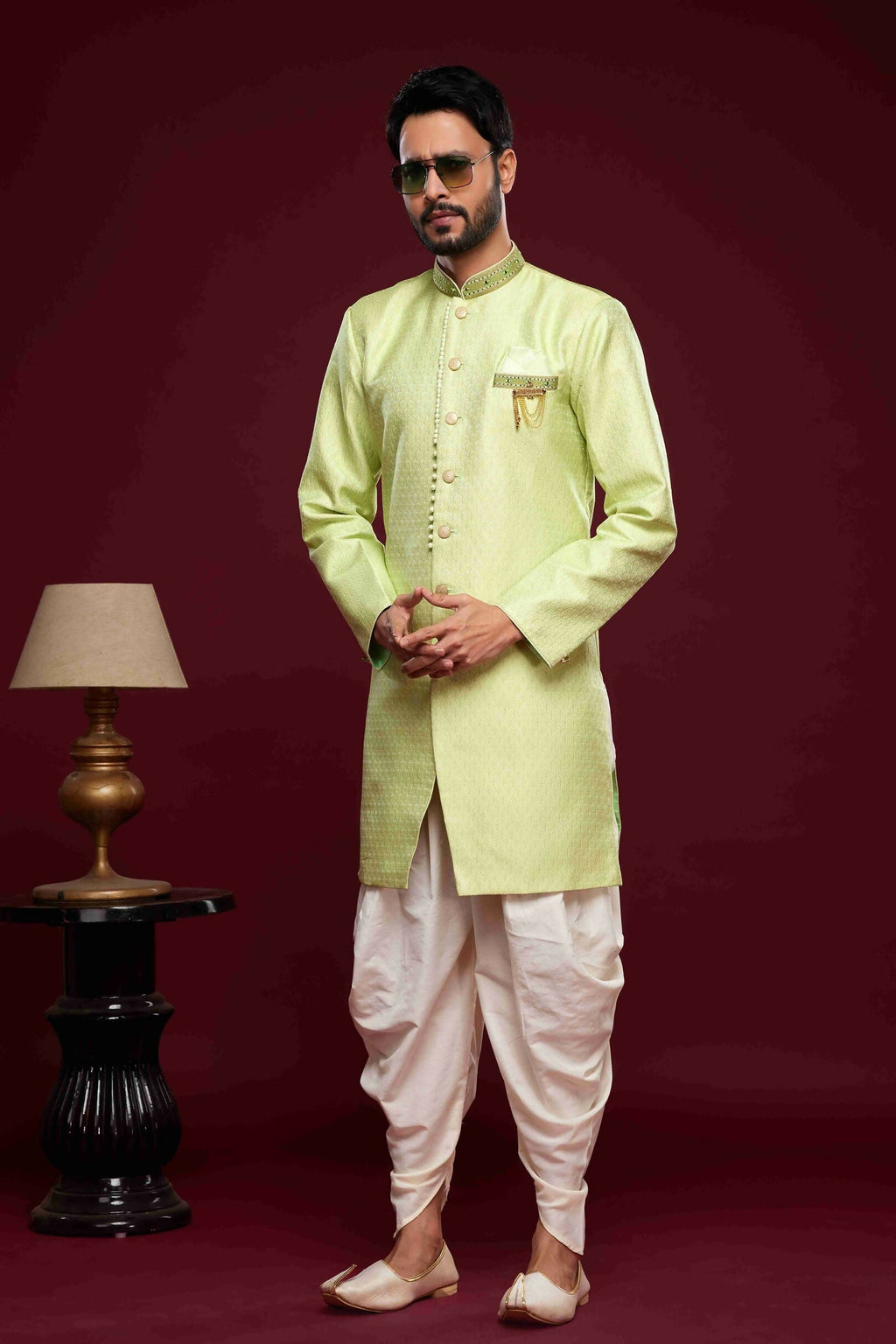 Raivat Ethnic Banarasi Jacquard Embroidery Semi Indo Western Sherwani In Pista Green Colour