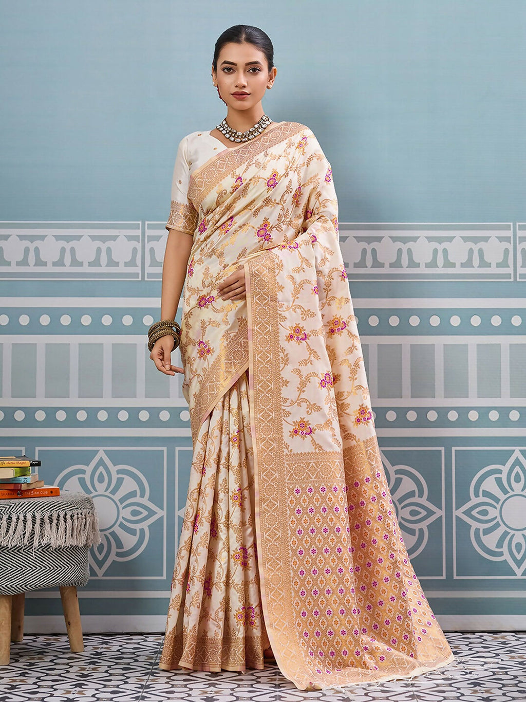 Shree Shyam Fashion Cream Silk Saree - Distacart
