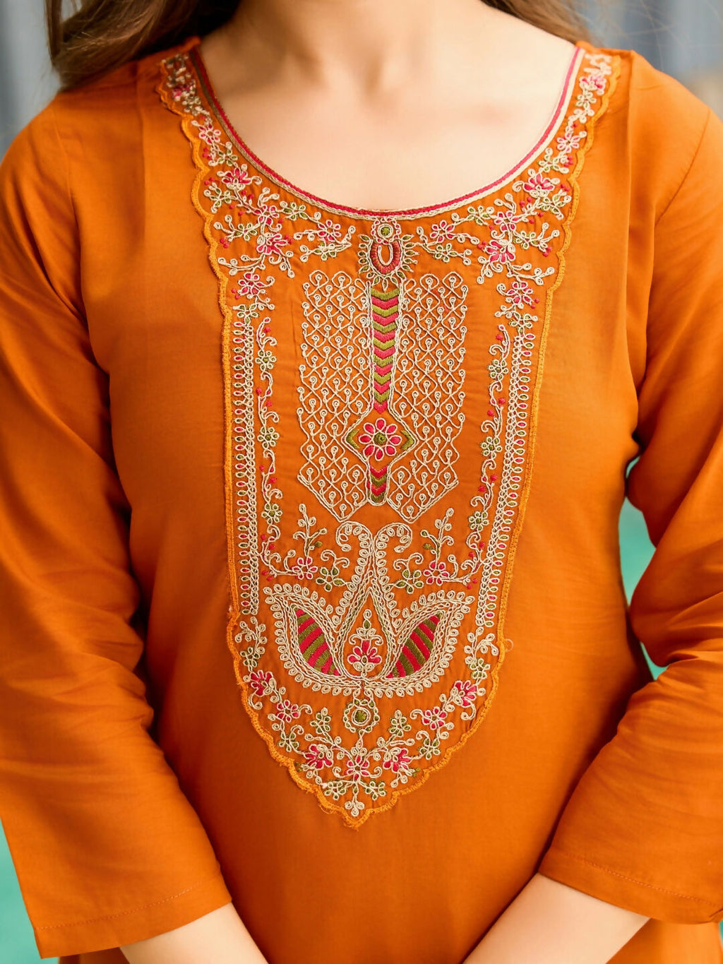 The52 Rust Women's Gorgeous Embroidered work Rayon Fabric Straight Kurta, Pant and Dupatta Set - Distacart