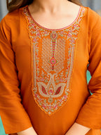 The52 Rust Women's Gorgeous Embroidered work Rayon Fabric Straight Kurta, Pant and Dupatta Set - Distacart