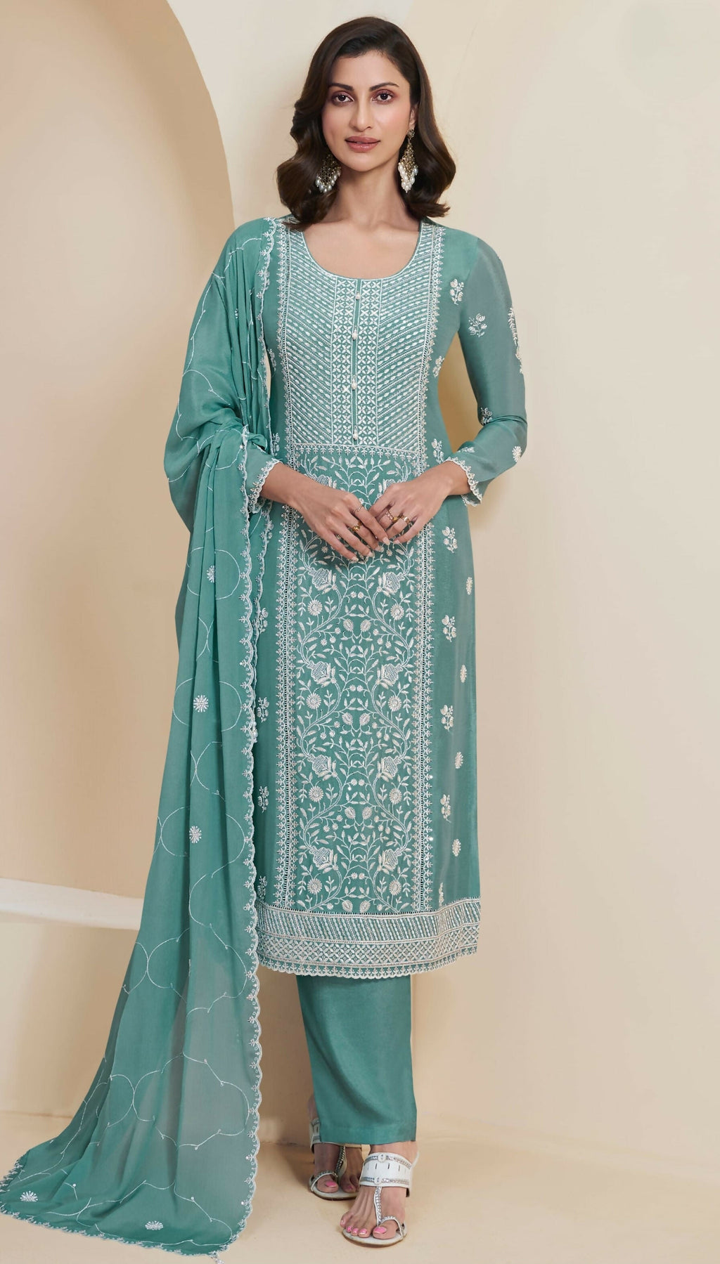 Anaita Green Chinon Embroidered Thread Work Stitched Salwar Suit - Distacart