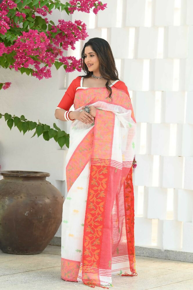 Beatitude White Slub Cotton Floral Jamdani Saree