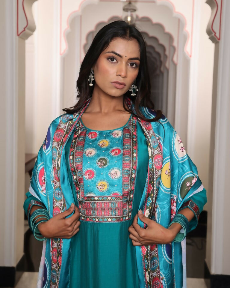 Jyoti Fashion Women's Teal Viscos Simmer Hand Work with Floral Printed Kurta Set