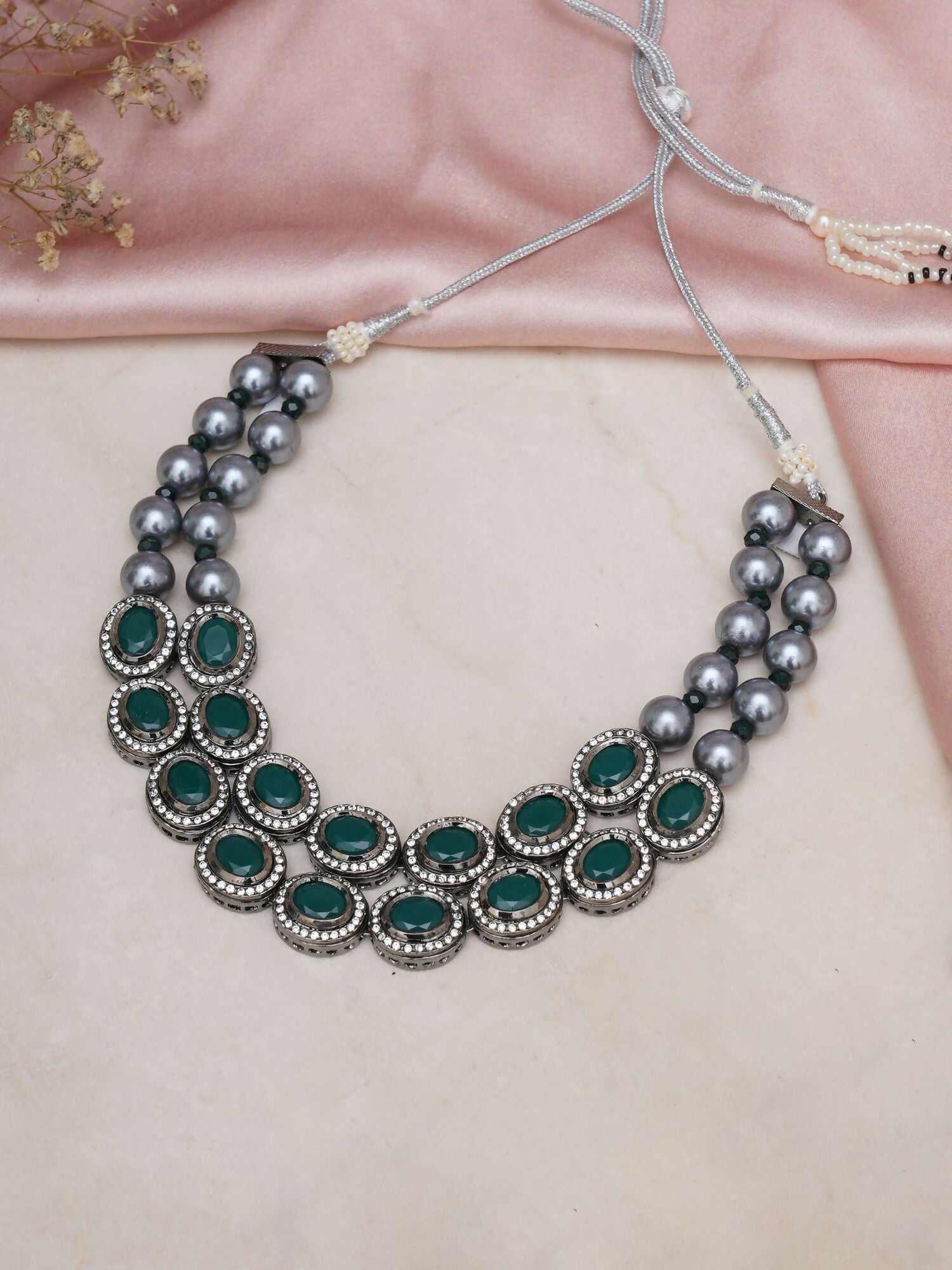 Green Stone Kundan Neckpiece with Grey Stones (Grey) - Ruby Raang