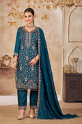Anaita Blue Vichitra Silk Readymade Suit with Embroidery & Lace Work - Distacart