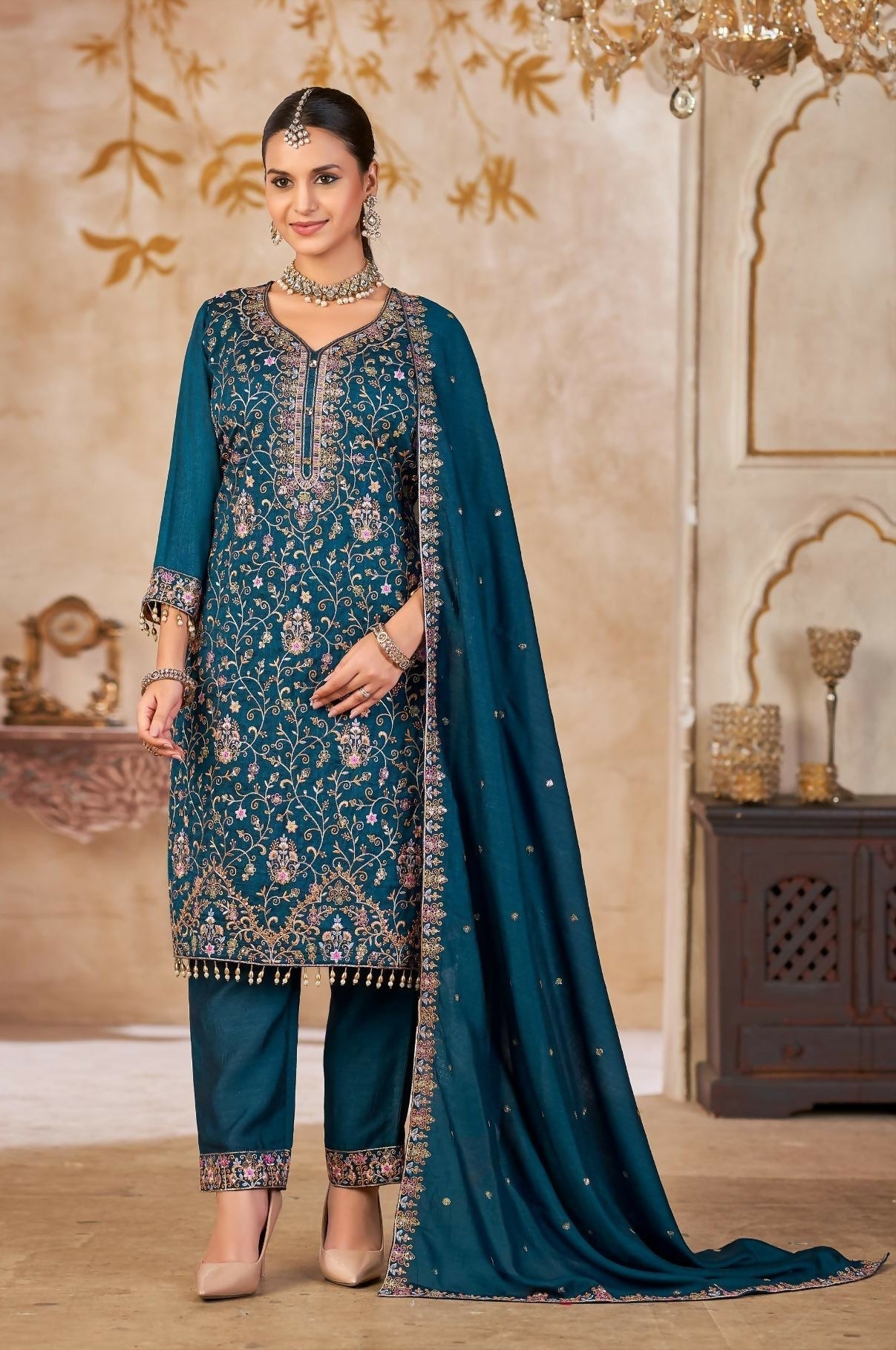 Anaita Blue Vichitra Silk Readymade Suit with Embroidery & Lace Work - Distacart