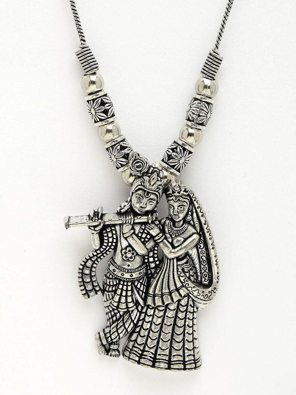 NVR Women's Silver-Toned Radha Krishna Pendant with Chain
