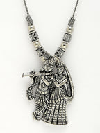 NVR Women's Silver-Toned Radha Krishna Pendant with Chain