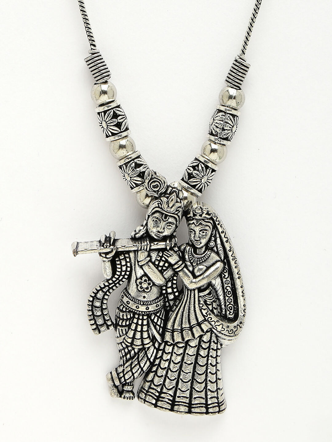 NVR Women's Silver-Toned Radha Krishna Pendant with Chain