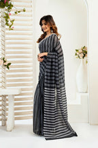 Vastranavya Black Digital Printed Linen Ready To Wear Designer Saree with Unstitched Blouse - Distacart