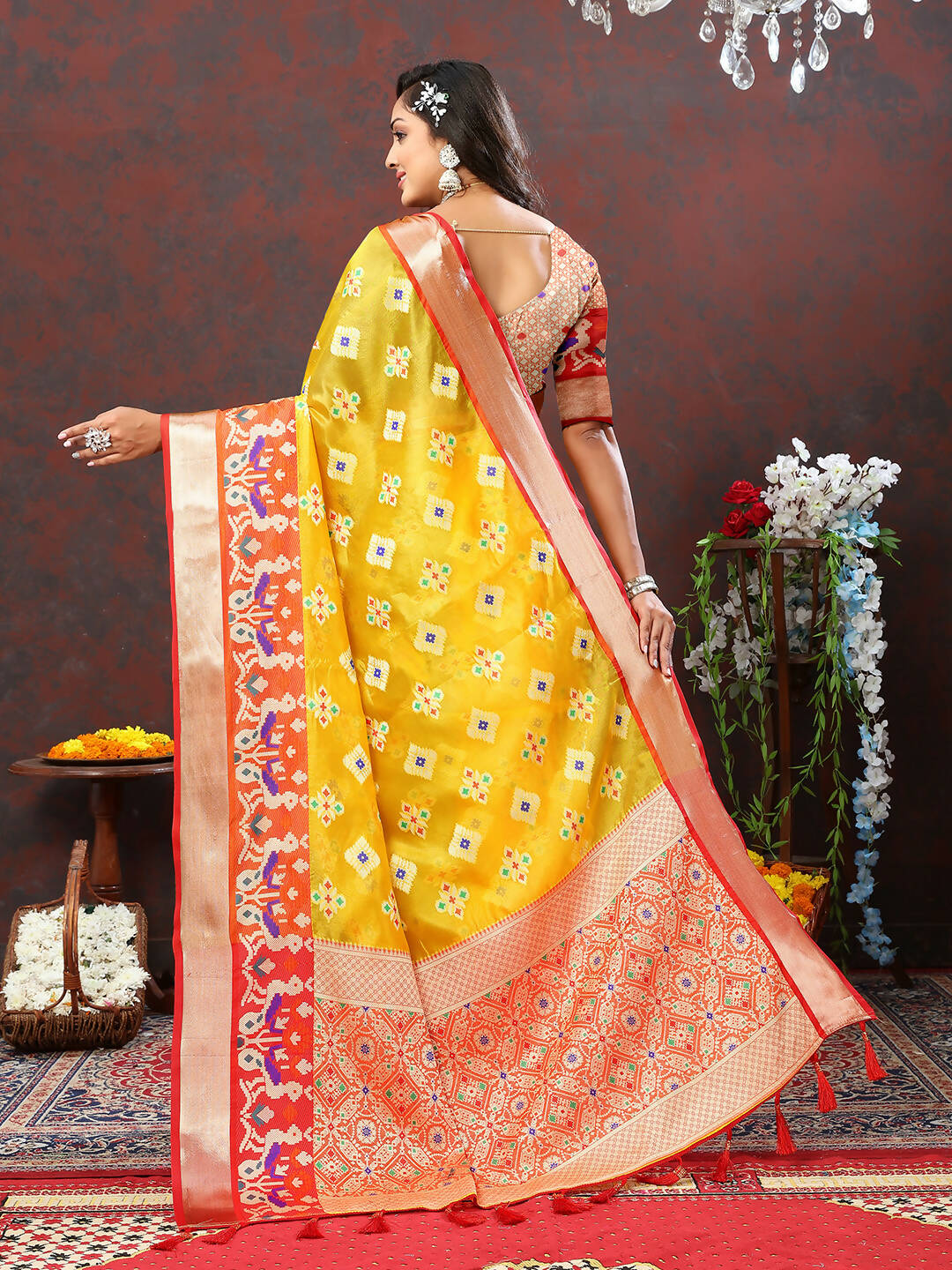 Lorenvalley Fashion Yellow Organza Silk Woven Design with Meenakari Weaving Saree