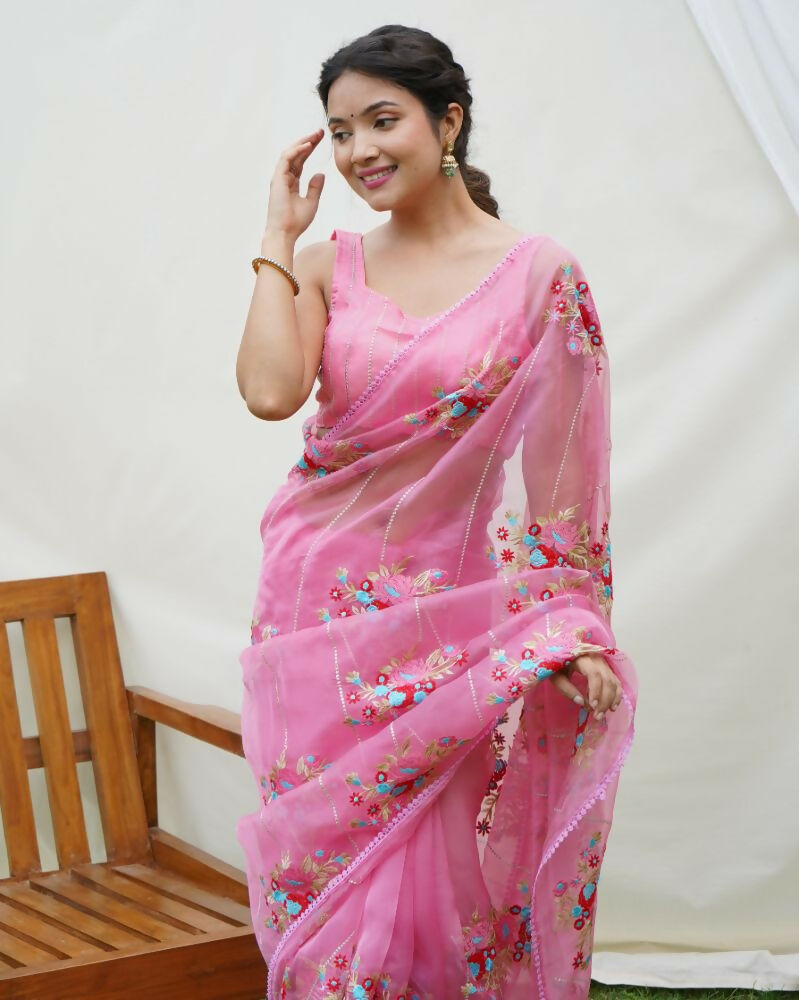 Vamsee Anamika Pink Organza Silk Saree