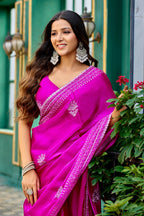 Vastranavya Pink Embroidery Work Shimmer Chiffon Saree with Unstitched Blouse - Distacart