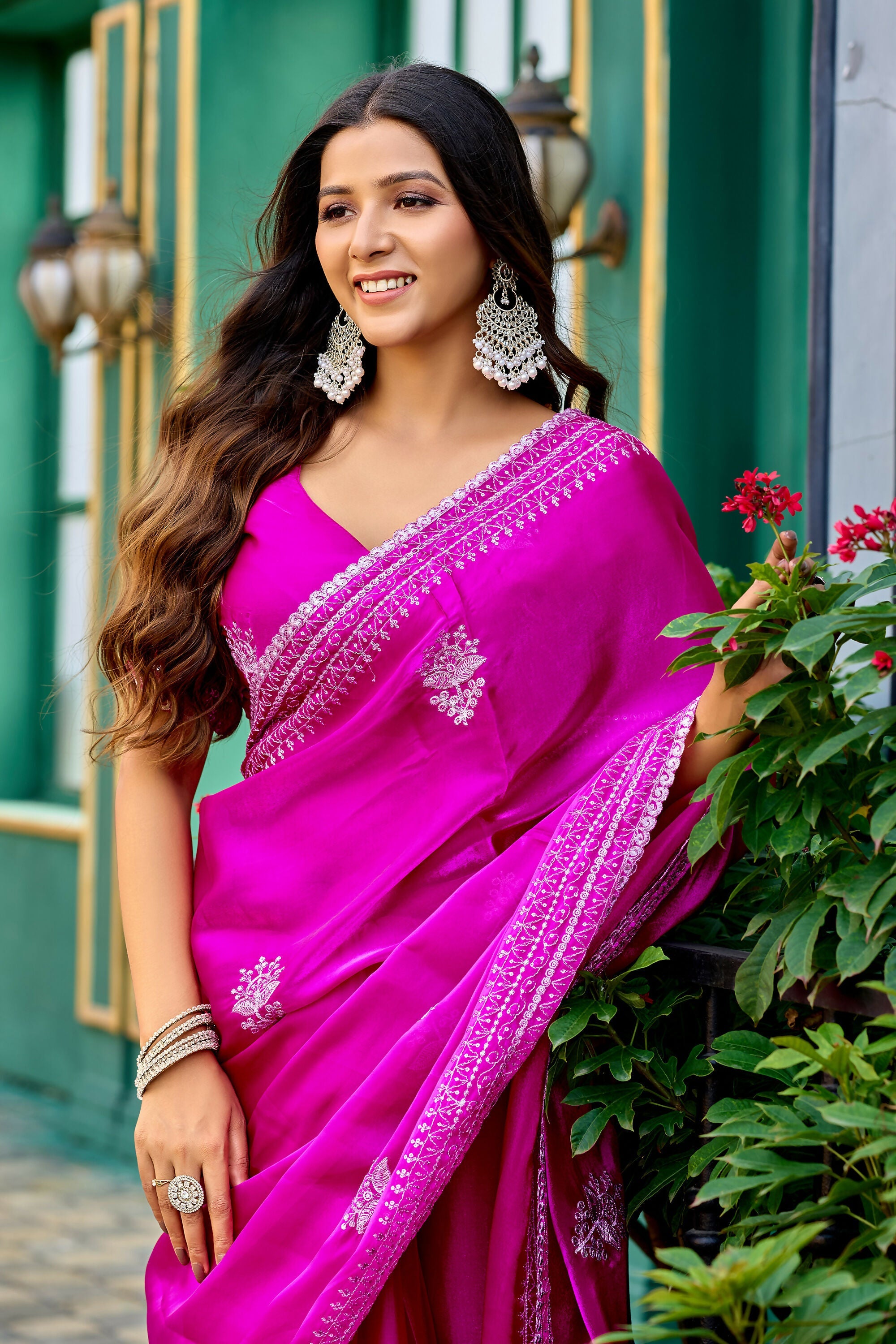 Vastranavya Pink Embroidery Work Shimmer Chiffon Saree with Unstitched Blouse - Distacart