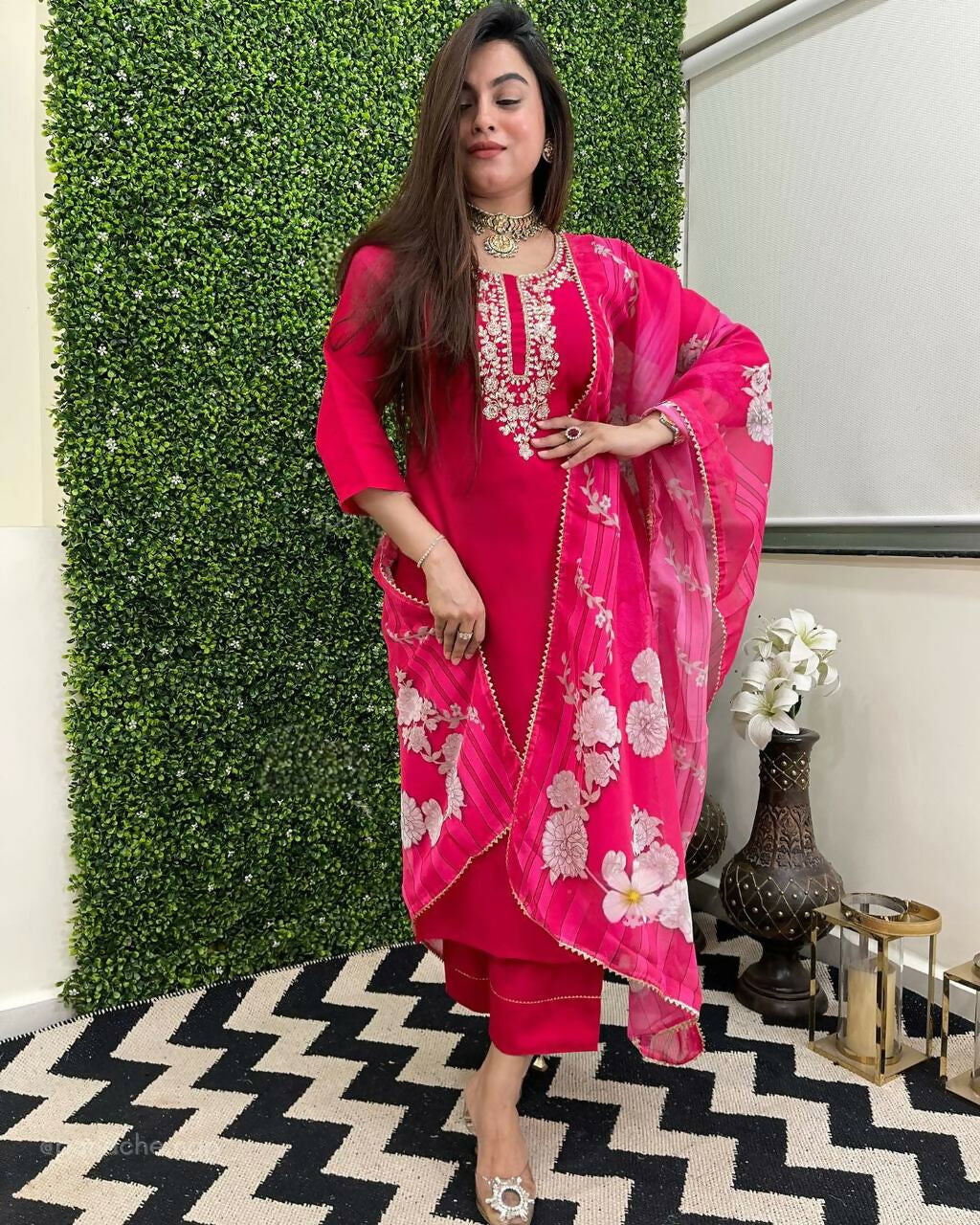 The52 Rani Women's Beautiful Viscose Chanderi Fabric Embroidered Work Straight Kurta Pant and Dupatta Set - Distacart
