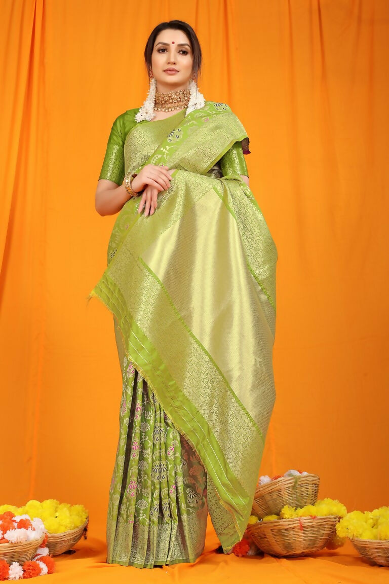 Jyoti Fashion Women's Green Kanjivaram Silk Zari Woven Saree with Blouse - Distacart