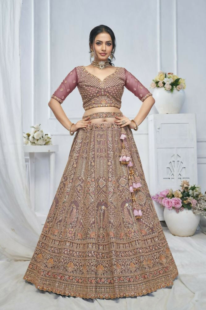 Kesar Fab Onion-Pink Net Embroidered Lehenga