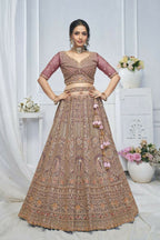 Kesar Fab Onion-Pink Net Embroidered Lehenga