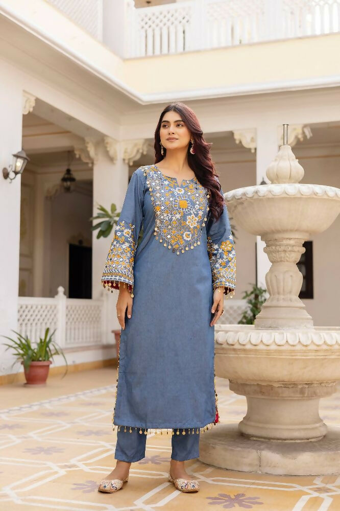 Teeya Creation Blue Color Cotton Denim Party Wear Real Mirror Work kurti - Distacart
