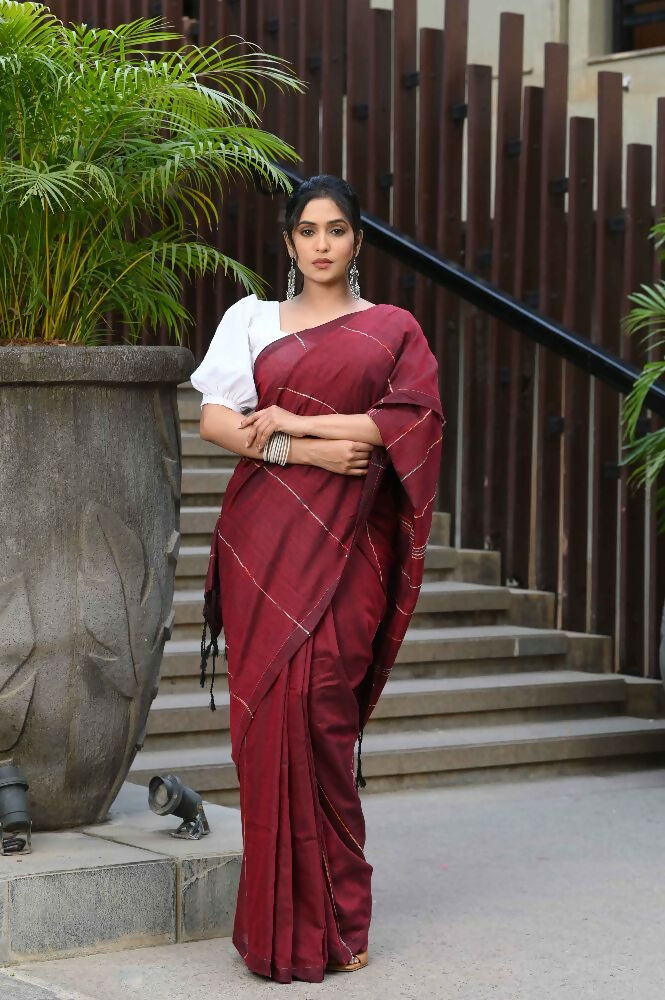 Beatitude Maroon Khadi Ghicha Stripes Saree