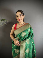 Joban Fashion Bottle Green Woven Butti Soft Silk Banarasi Silk Saree - Distacart
