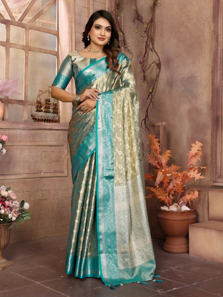 Anaita Blue Tissue Silk With Zari Weaving Saree With Blouse