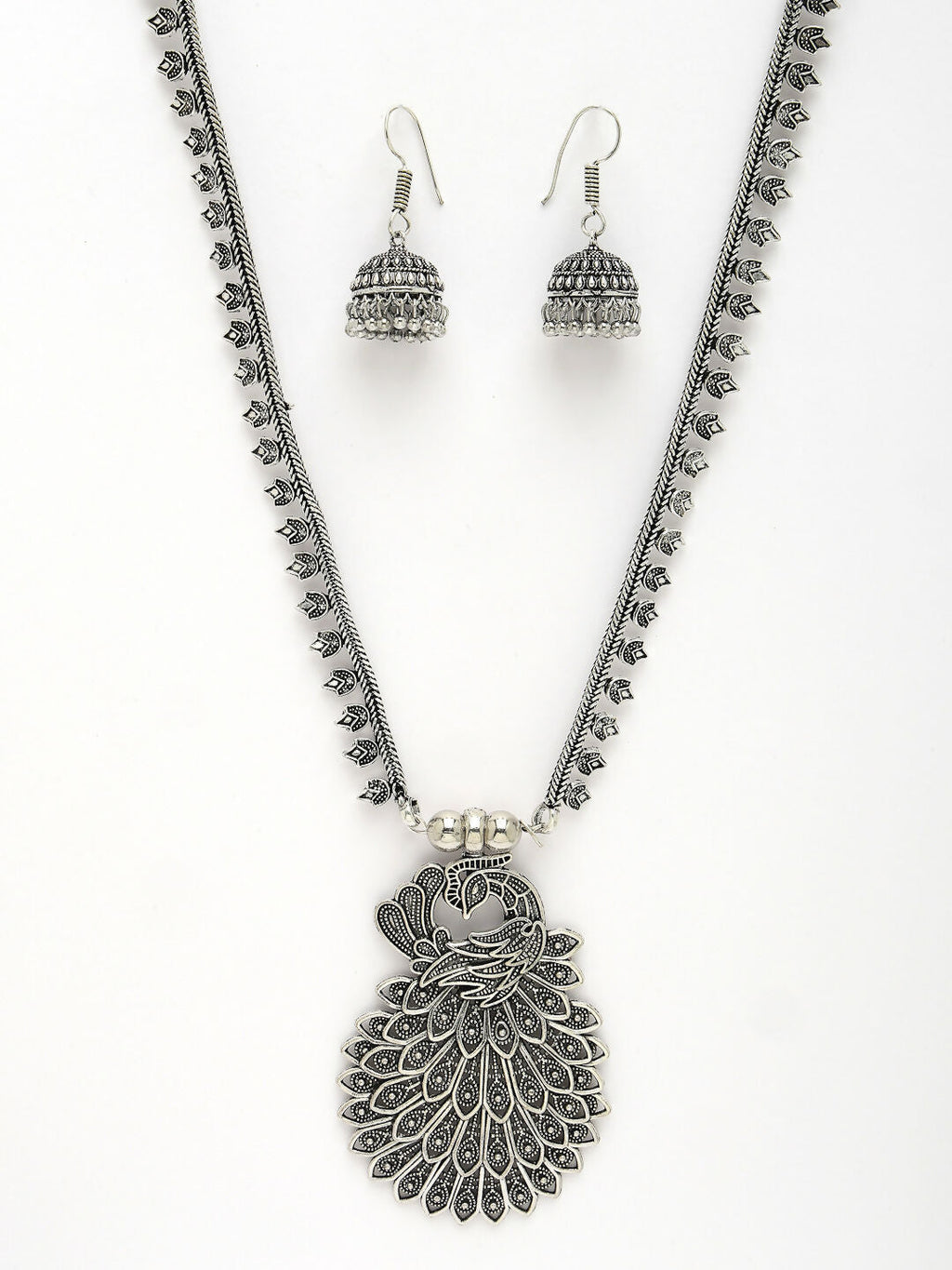 NVR Women's Silver-Toned Peacock Design Oxidized Necklace with Jhumka Earrings